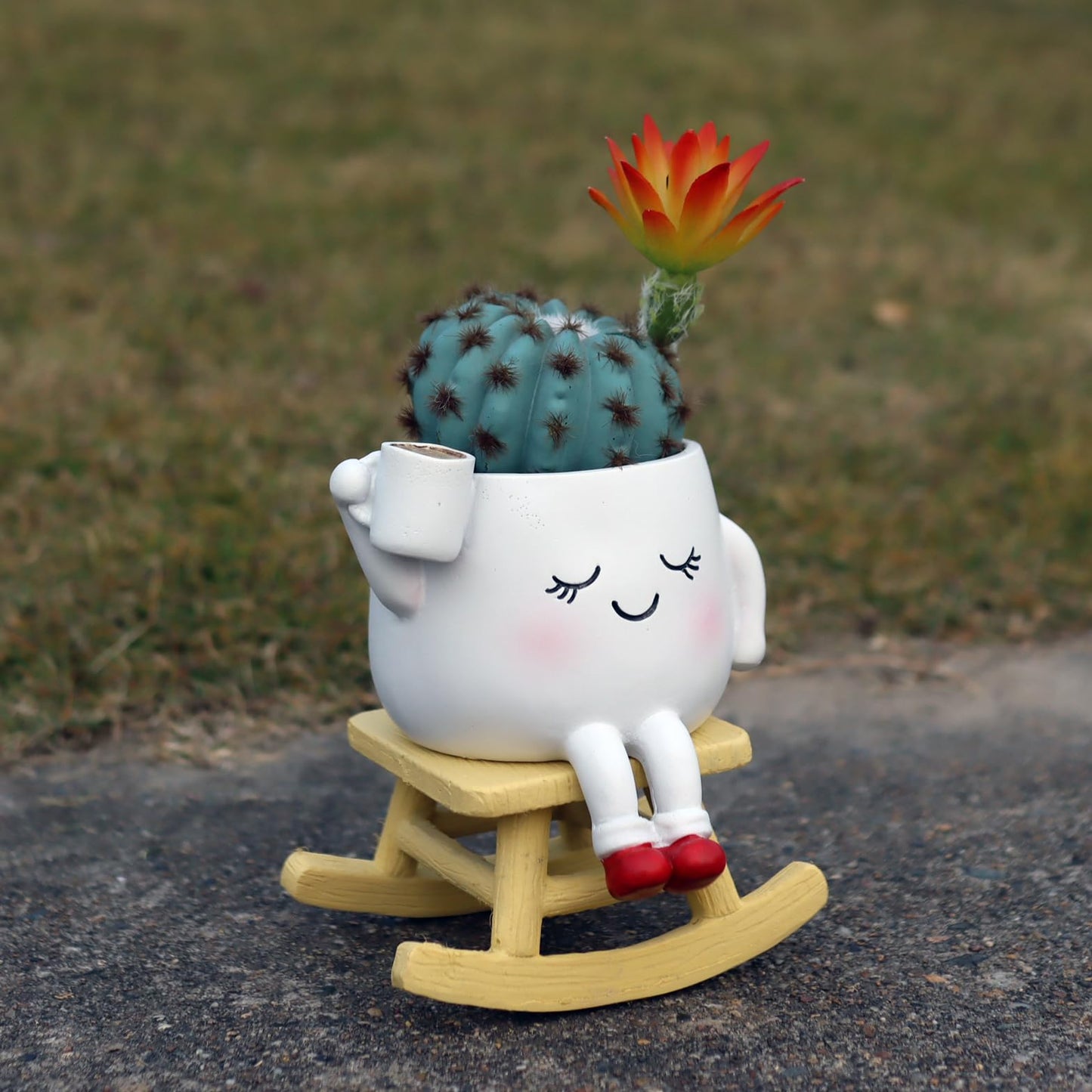 Dolkgy Cute Plant Pots Head Planters, Unique Rocking Chair Drinking Coffee Girl Face Vase, Decorative Cactus Succulent Flower Pots, Gifts for Plant Lovers