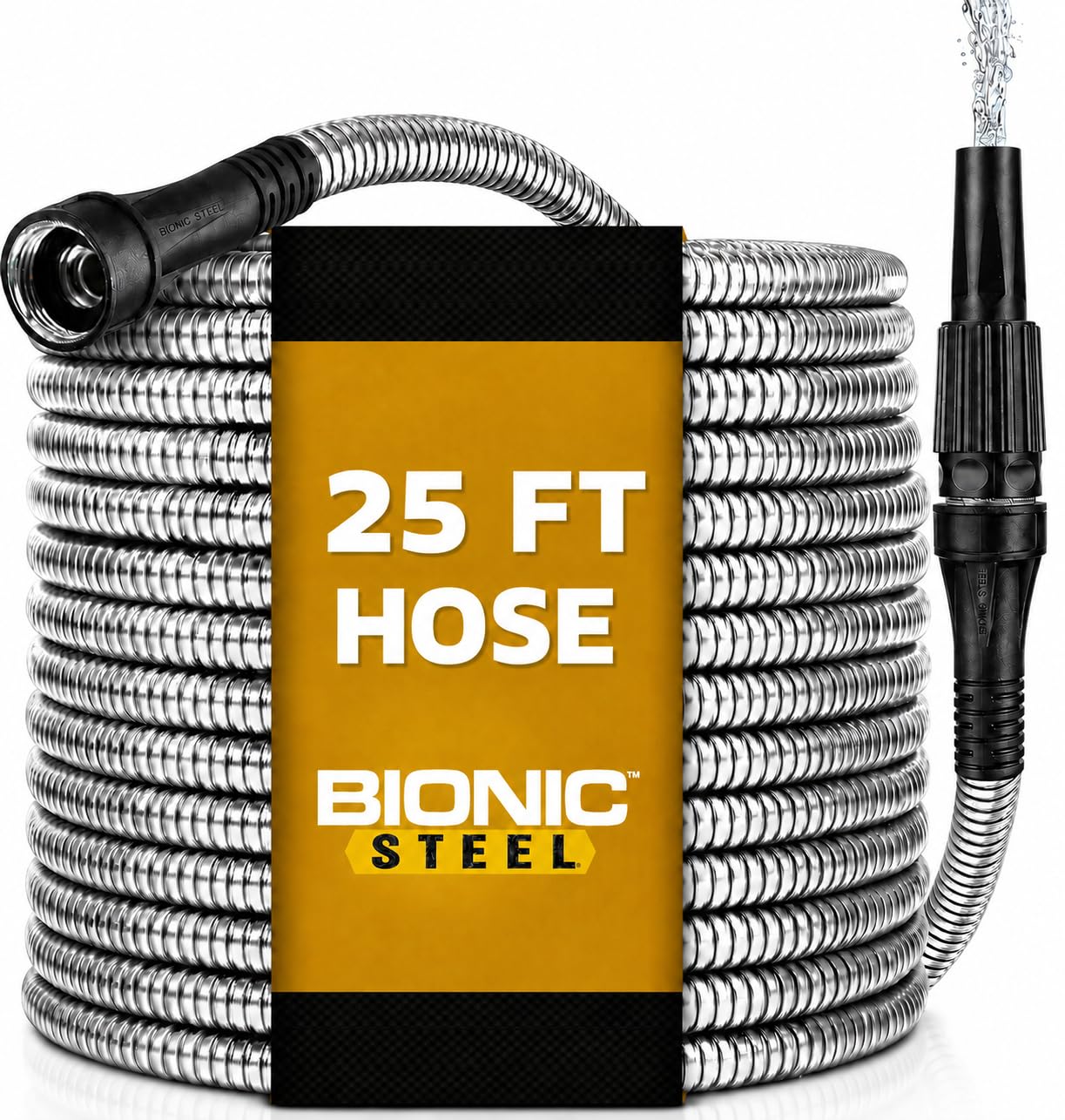 Bionic Steel 25 Ft Metal Garden Hose with Nozzle, 25Ft x 5/8 In. Premium 304 Stainless Steel Metal Water Hose, Flexible Non Kinking, Lightweight, Heavy Duty, for Yard, Outdoor