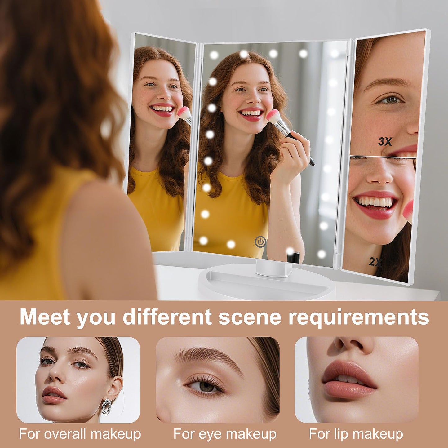 deweisn Dresser Mount Tri-Fold Lighted Vanity Mirror with 21 LED Lights, Touch Screen and 3X/2X/1X Magnification, Two Power Supply Modes Make Up Mirror,Travel Mirror