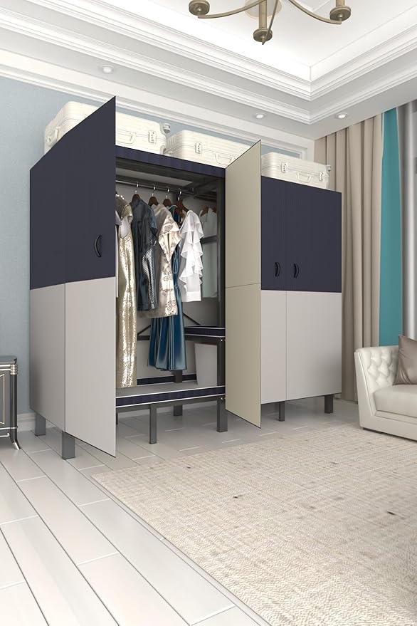 Foldable Portable Wardrobe Closet with Magnetic Doors & Cover, Heavy Duty Covered Clothes Rack with Hanging Clothing Rod, Metal Frame Standing Alone Closet for Bedroom (Door Design C, 49.2IN/125CM)