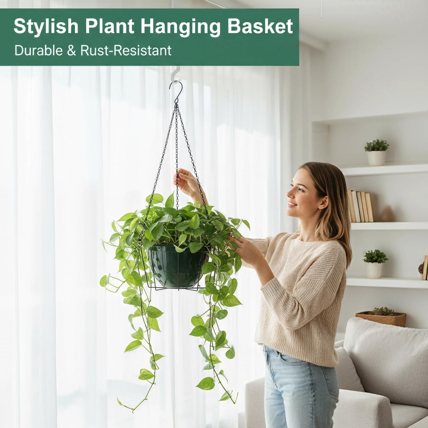 ZYUXUAN Metal & Macrame Plant Hanger Indoor/Outdoor Use – Heavy Duty Hanging Planter Holder with Basket for Ceiling, Window, Patio – Decorative Hanging Pot Tray for Plants(12 Inch, 2-Pack)