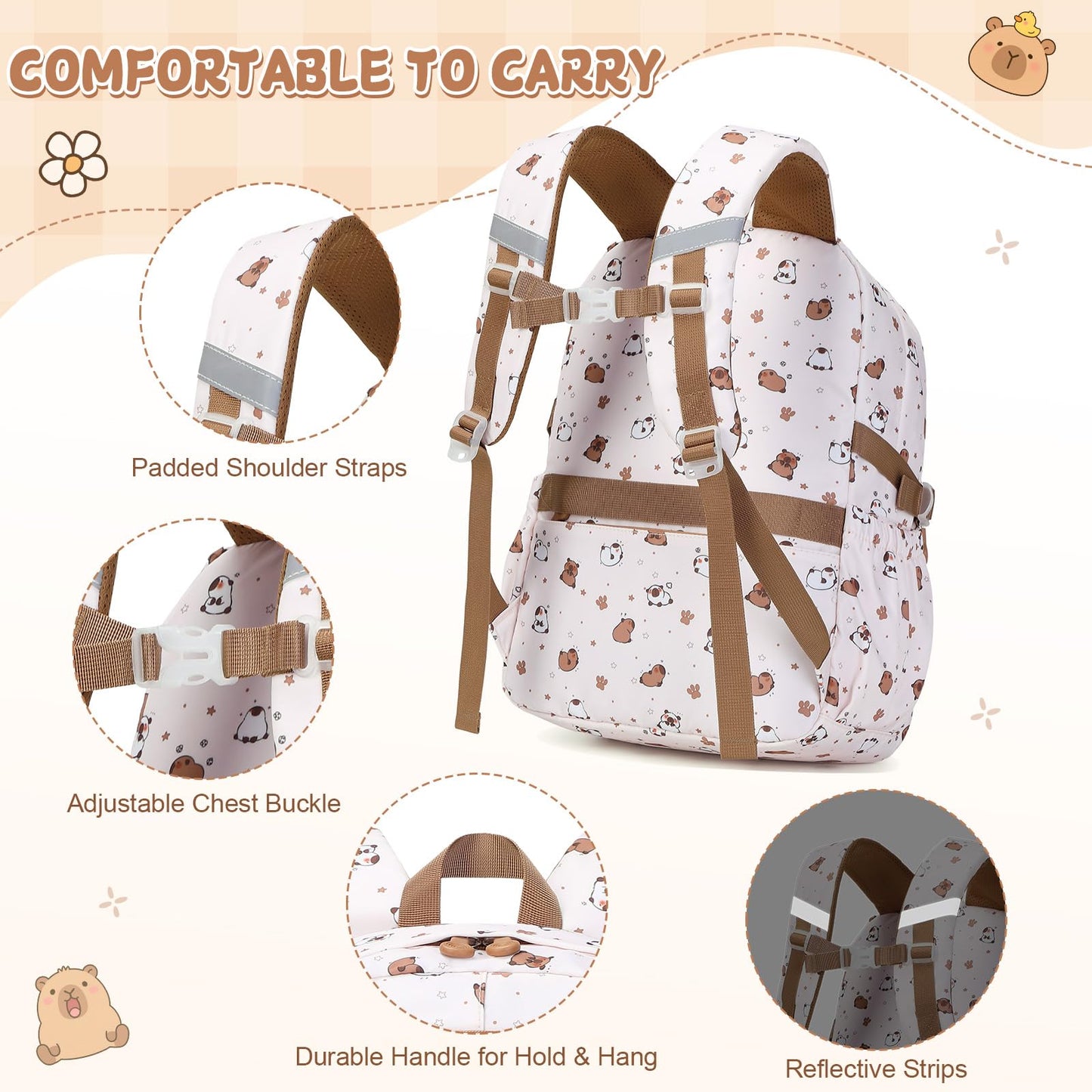 Similove Capybara Theme Backpack for School Girls, 35PCS Kids Backpack Set with School Supplies Stationery Kit Lunch Box Pencil Case, Cute Girls Bookbag for Kindergarten Elementary Student