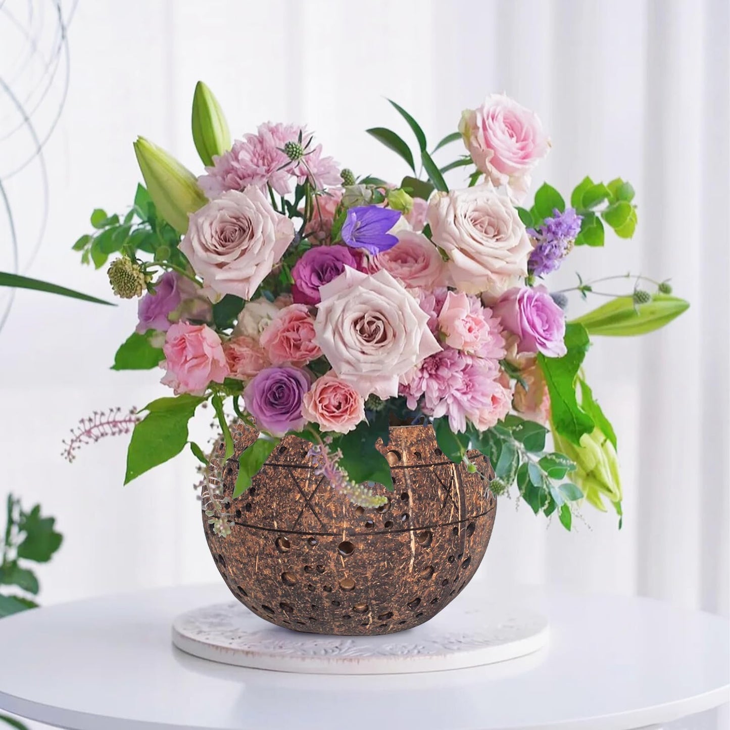 AuroraTurn 4 PCS Handmade Coconut Planters for Centerpieces, Coconut Flower Vase Rustic Planter Pots for Garden Party Wedding Window Home Farmhouse Christmas Table Decor