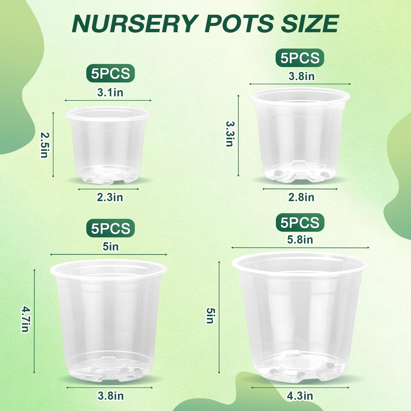 GUGEMEI 3/4/5/6 Inch Nursery Pots, 20 Pack Clear Nursery Pots with Drainage Holes, Durable Plastic Clear Pots for Plants Indoor and Outdoor, Seedling Pots for Shrubs, Herbs, Flowers, Vegetables