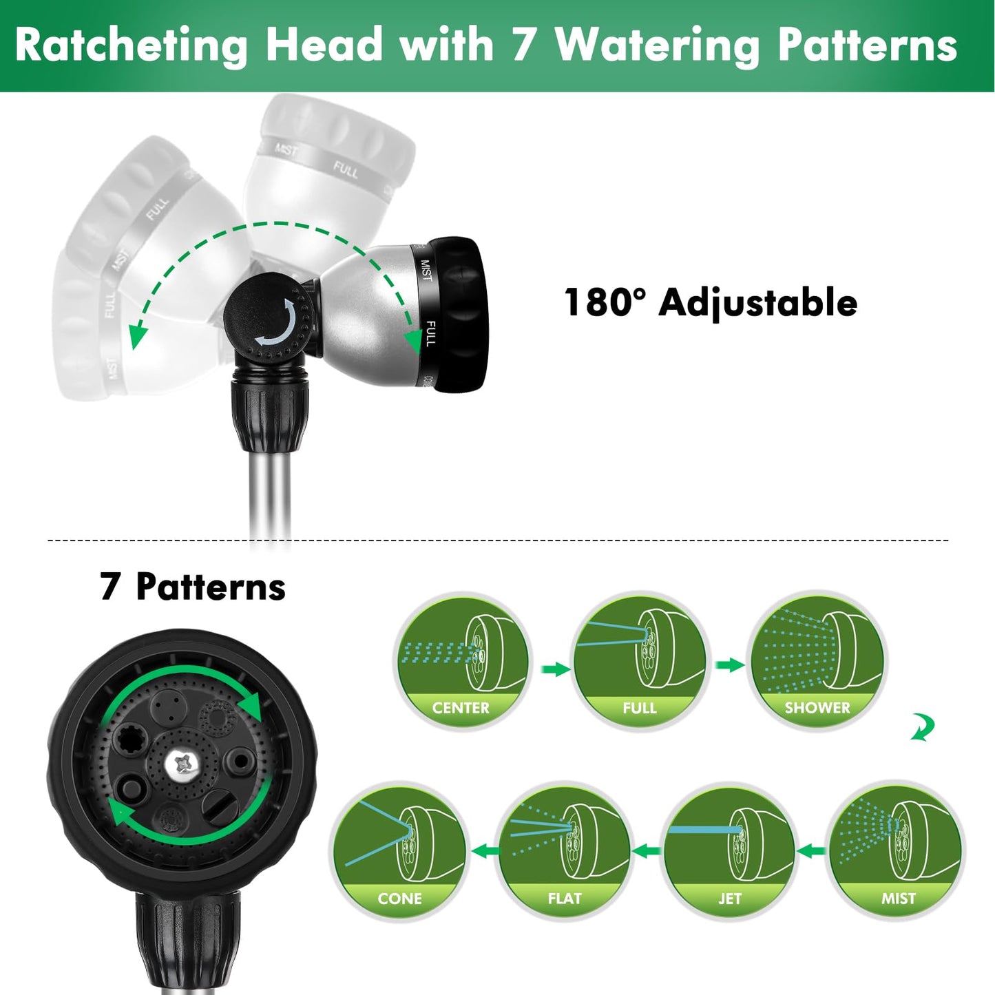 RESTMO 36”-60” Metal Watering Wand, Long Telescopic Tube | 180° Adjustable Ratcheting Head | 7 Spray Patterns | Flow Control, Perfect Garden Hose Sprayer to Water Hanging Baskets, Shrubs, Black