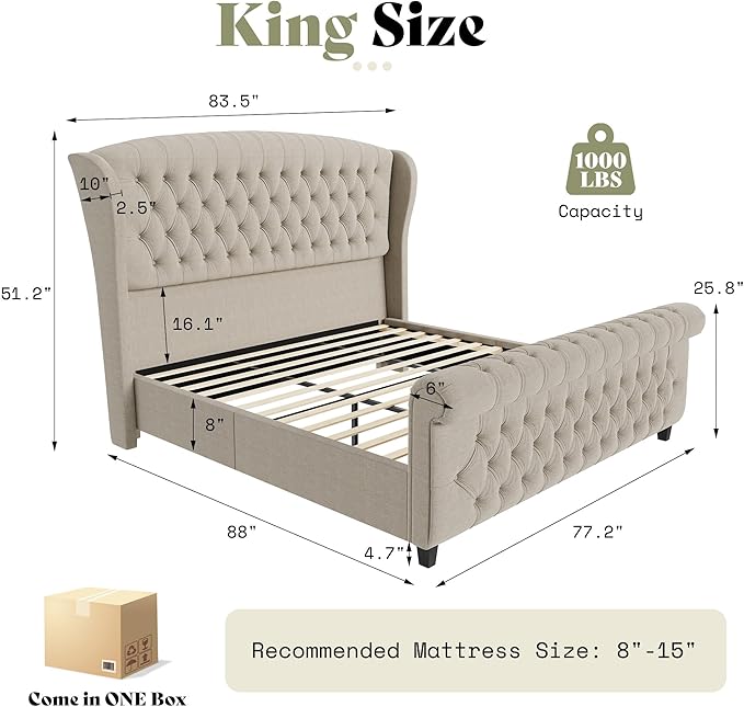 AMERLIFE King Size Platform Bed Frame, Linen Upholstered Sleigh Bed
