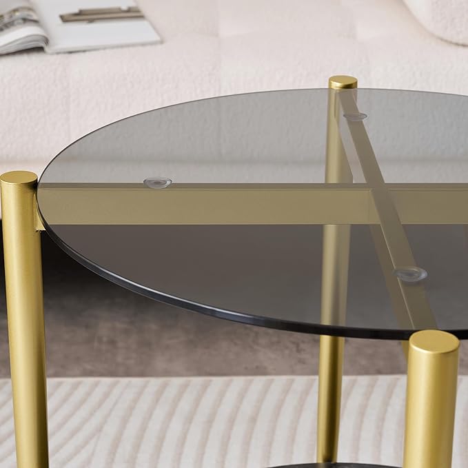 LumFurn Round Glass End Table, Mid-Century Modern Design Sofa Table