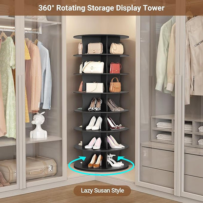 7-Tier Rotating Standing Shelf Unit with Dividers, 360° Storage Display Tower Vertical Floor Organizer, for Bedroom, Closet, Entryway & Office, Ideal for Shoes, Cosmetics & Handbags, Black