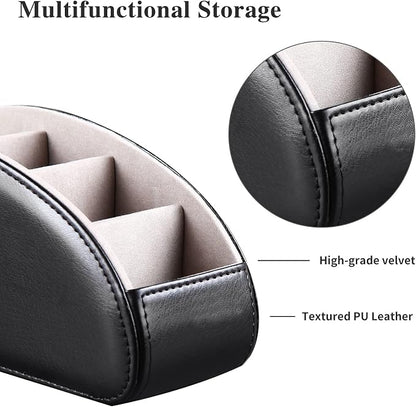 All-in-One Leather TV Remote Control Holder Black with 5 Compartments Nightstand Desktop DVD Media Player Remote Caddy Storage Box Organizer Tray For Makeup Brush Pen Stationary Table Controllers