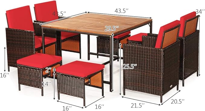 Tangkula 9 Pieces Acacia Wood Patio Dining Set, Space Saving Wicker Chairs and