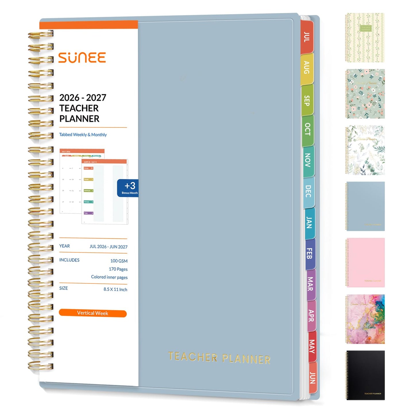 SUNEE Teacher Planner 2026-2027 Academic Year, Lite Lesson Planner Book with 7 Periods Jul 2026 - Jun 2027, 8.5"x11" Daily Weekly and Monthly Organizers, Plan Book with Pocket Folder, Color Tabs,Blue