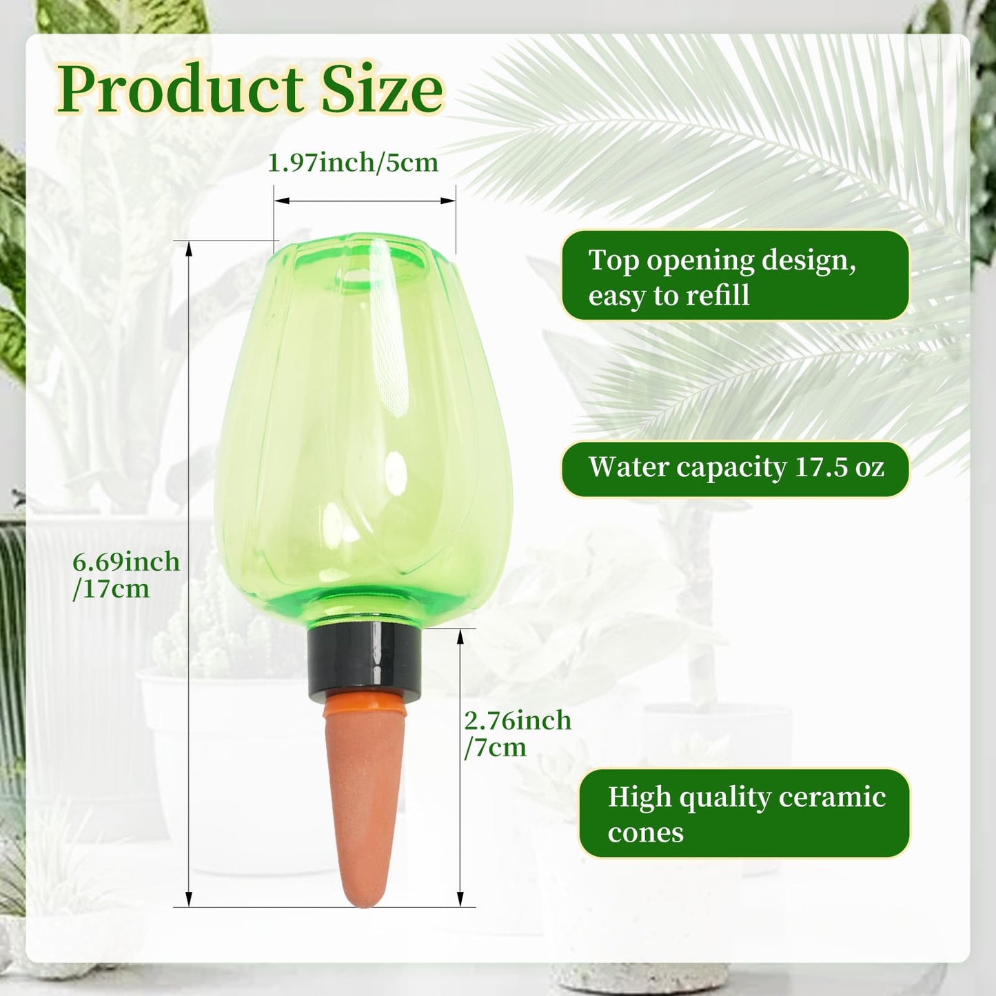 GEWOSI 6pcs Plant Self Watering Globes, Plastic Water Bulbs Top Fill, 12.3 oz Plant Watering Devices System Slow Release Terracotta, Water Spikes Stakes for Indoor (Green-6pack)