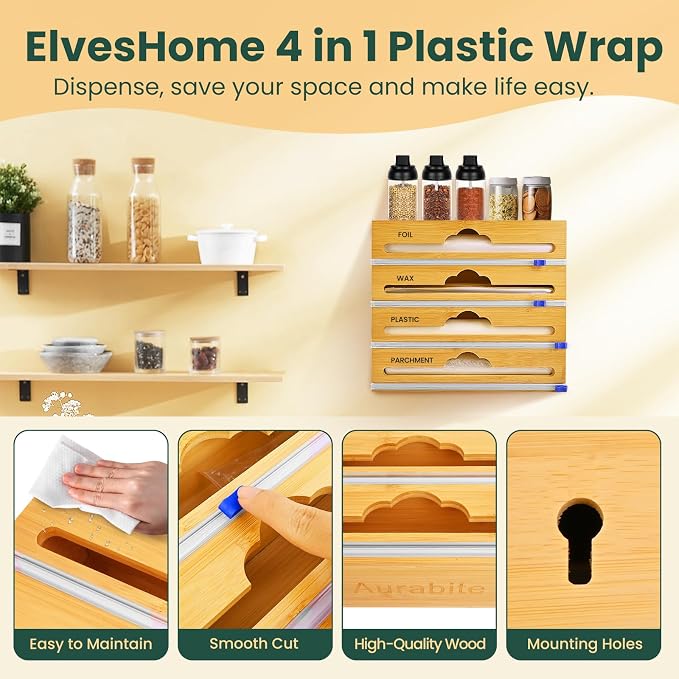 Bamboo 4 in 1 Saran Wrap Dispenser with Cutter & Labels - Foil & Plastic Wrap Organizer - Aluminum Foil Wax & Parchment Wrapping Paper Storage for Kitchen Drawer - 12" Roll