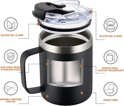 12oz Insulated Coffee Mug Cup with Handle, Stainless Steel Travel Coffee Mug with Flip Lid, Double Wall Vacuum Coffee Tumbler,Sky Blue