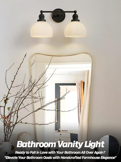2-Light Wall Sconces,Black Double Bathroom Vanity Light with Milk Glass Minimalist Farmhouse Wall Sconce Light Lamp for Bathroom Mirror Living Room Bedroom Kitchen E26 Hardwire Indoor