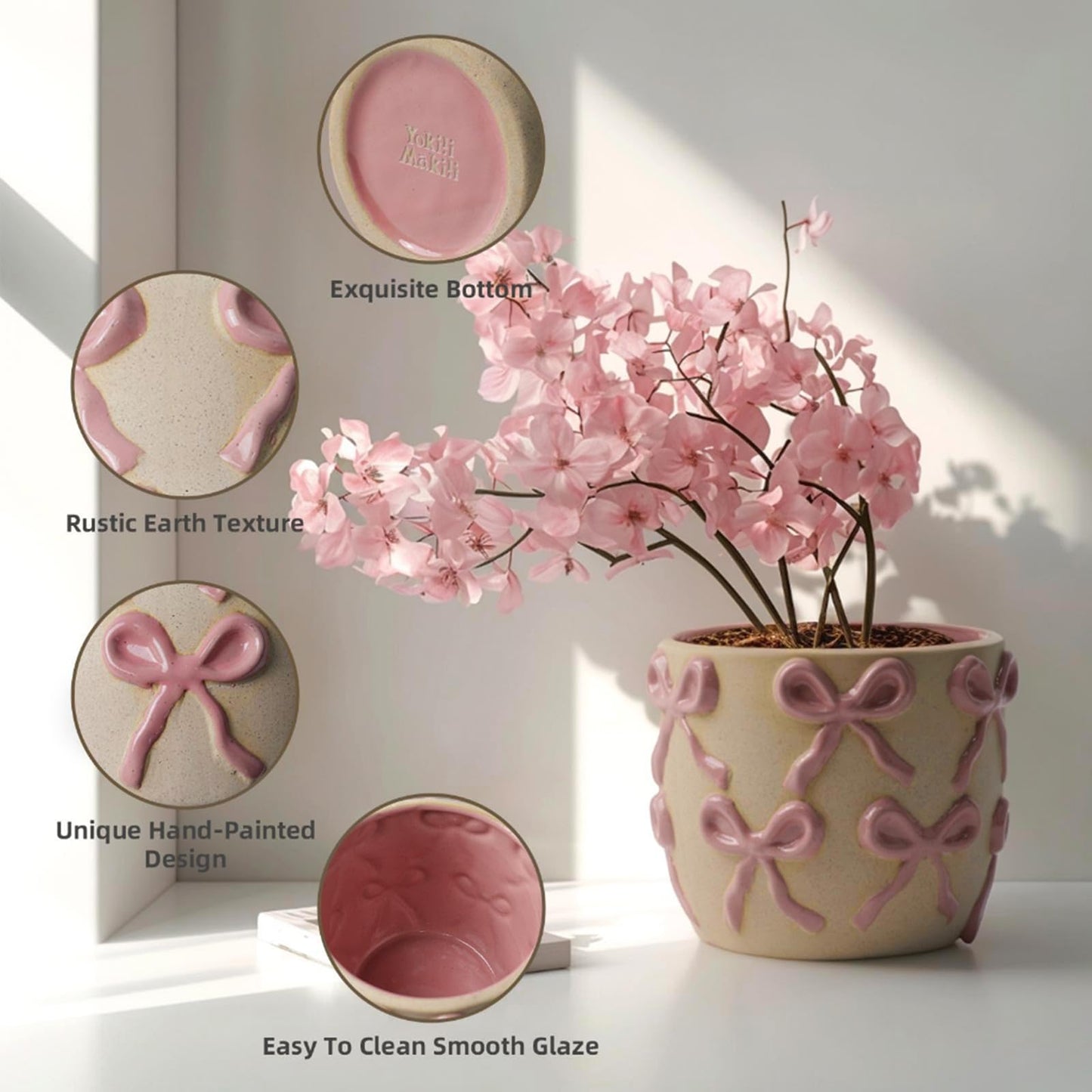 Yokiiimakiii Ceramic Flower Pots for Indoor and Outdoor Plants, Succulent Orchid Round Clay and Terracotta Planter for Garden Home Modern Decoration 5.3 Inch (Pink Bow, Without Saucers)