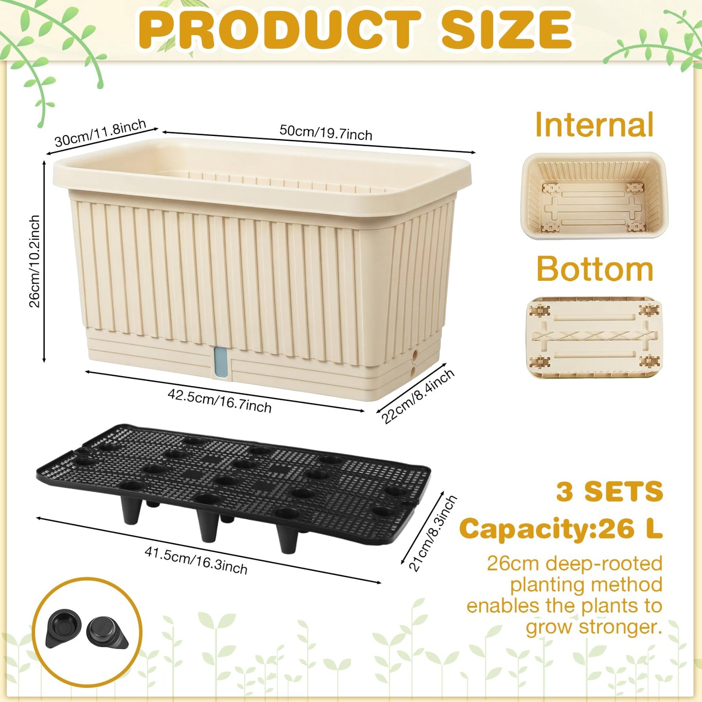 RimCereal 3 Pcs Large Planter Boxes Deep Rectangular Planter Boxes Outdoor Lightweight Plastic Planting Flower Pot with Drainage Holes Plant Pot for Patio, Courtyard, Lawn, Outdoor(Beige,20 Inches)