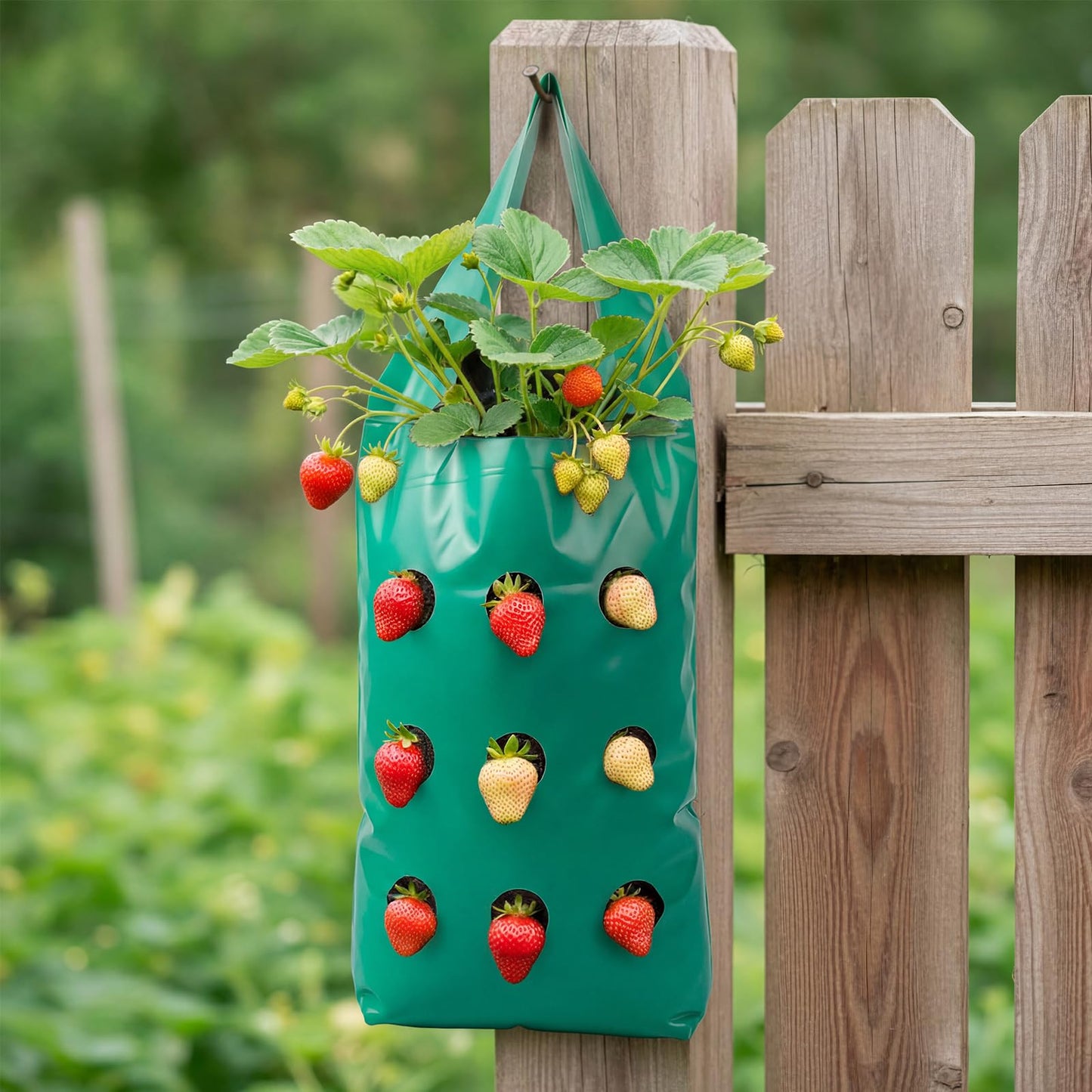 50 Pack Hanging Strawberry Planter Grow Bags, 9 Hole Plastic Hanging Vertical Planters, Upside Down Garden Bags with Reinforced Handles for Outdoor Wall Strawberries, Cherry, Tomatoes, Flowers, Tomato