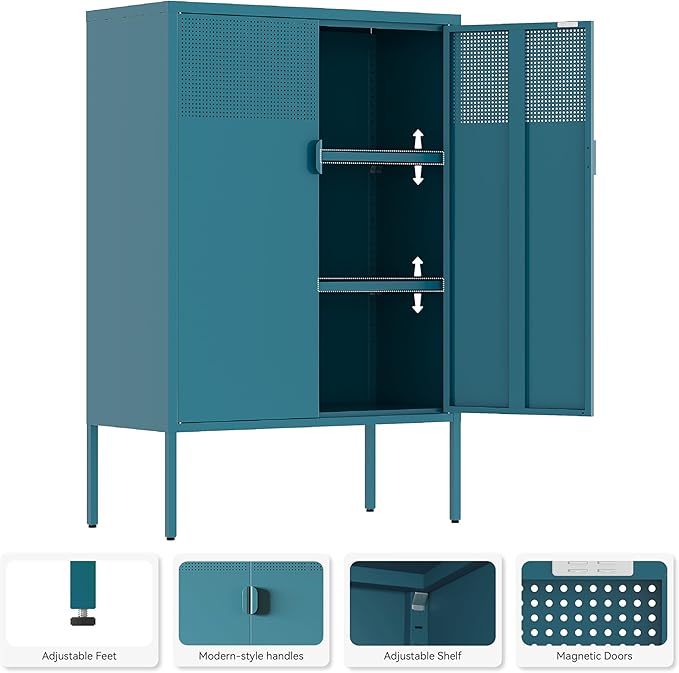 Metal Storage Cabinet, 2 Door TV Stand, Metal Mesh Accent Cabinet, Magnetic