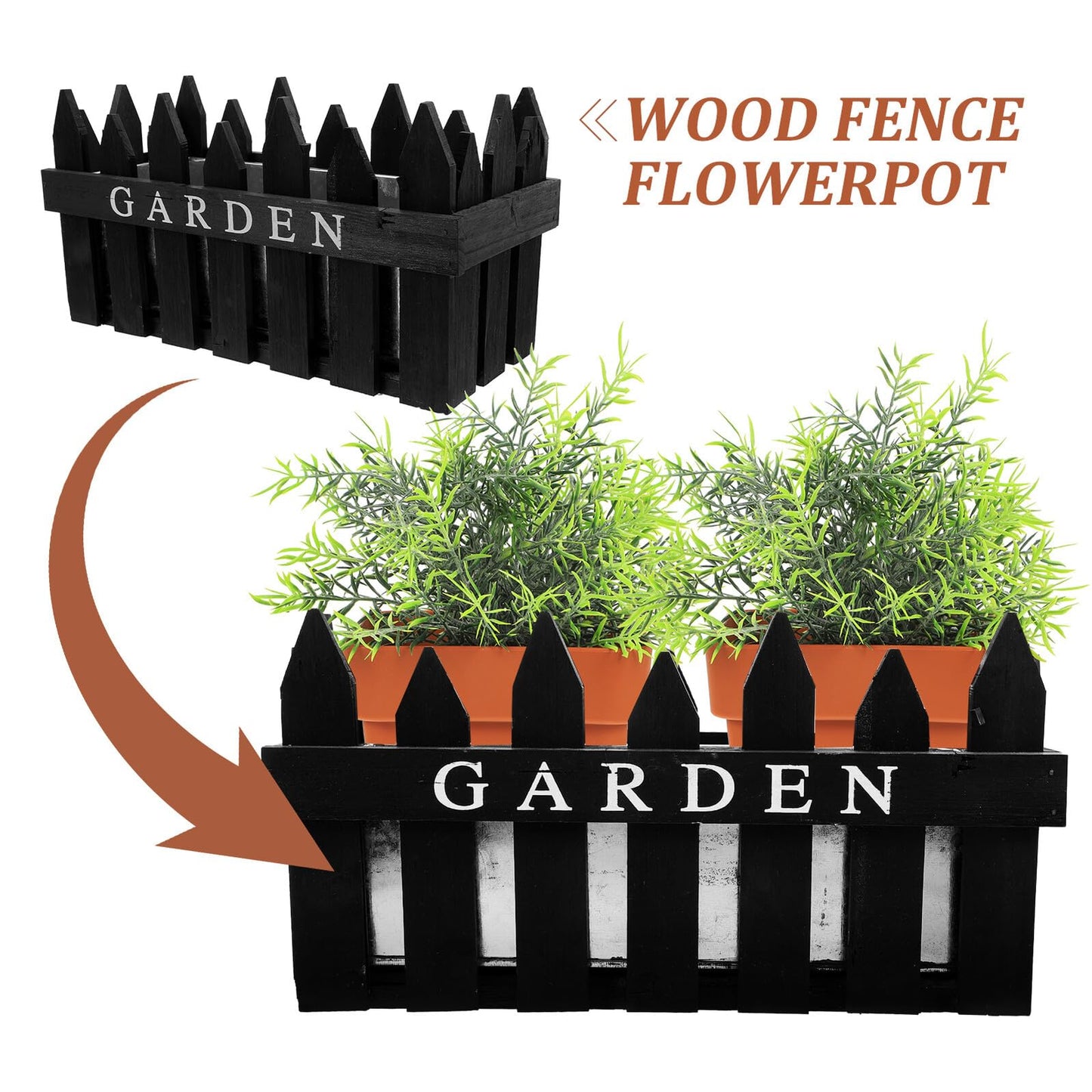INOOMP Rectangular Wooden Flower Pot Planter Box with Decorative Fence Design, Nordic Style Balcony Planting Basket for Indoor Outdoor Garden Use, Black Wood Material