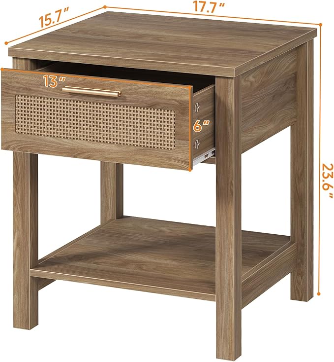 Rattan Nightstand Set of 2, Natural Style Night Stand