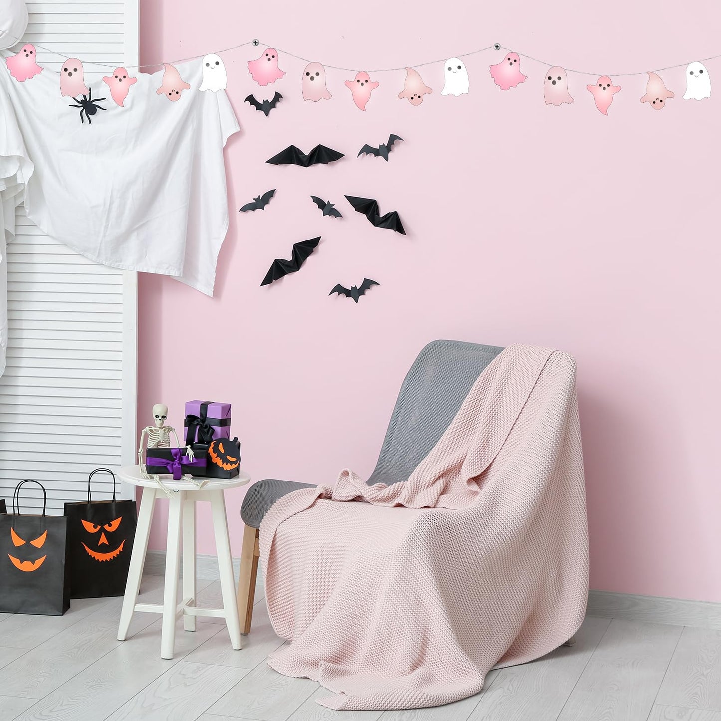 Ganeen Halloween Pink Ghost Decorations Halloween Pink Ghost String Lights 10 ft 20 LED Hanging LED Lights Battery Operated for Home Party Indoor Outdoor Cute Decor