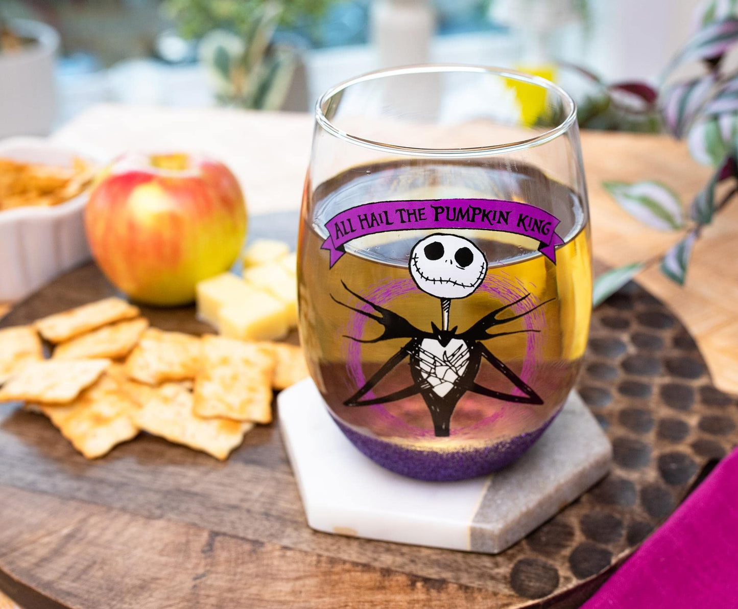 Disney The Nightmare Before Christmas All Hail Pumpkin King Glitter Teardrop Stemless Wine Glass | Tumbler Cup For Mimosas, Cocktails