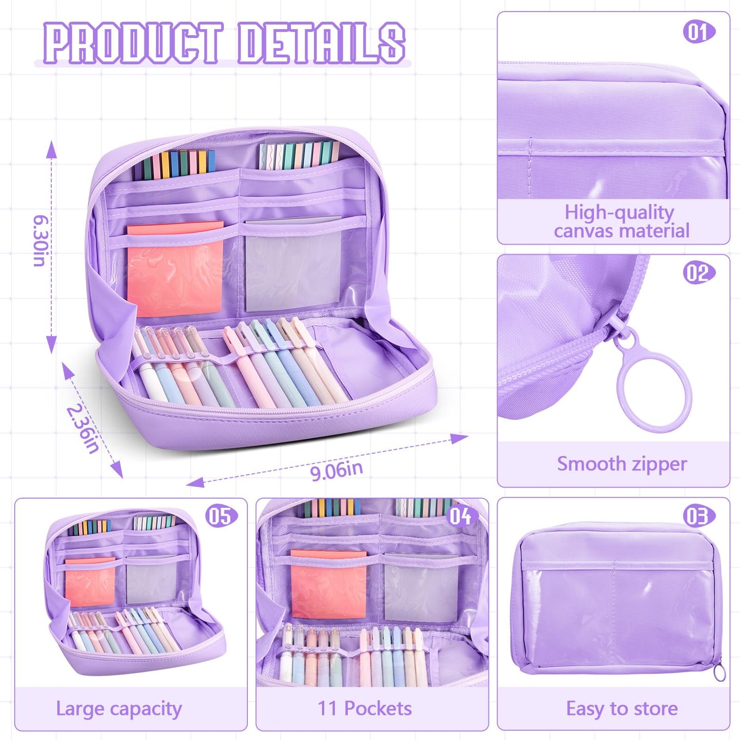 Trandraft 135 Pcs Book Annotation Kit Aesthetic Pencil Case Bag 12 Highlighter 11 Gel Pen 1 Marker 300 Sheet Transparent Sticky Notes Pad 2640 Index Stickers Bible Study Supplies(Kawaii,Purple)
