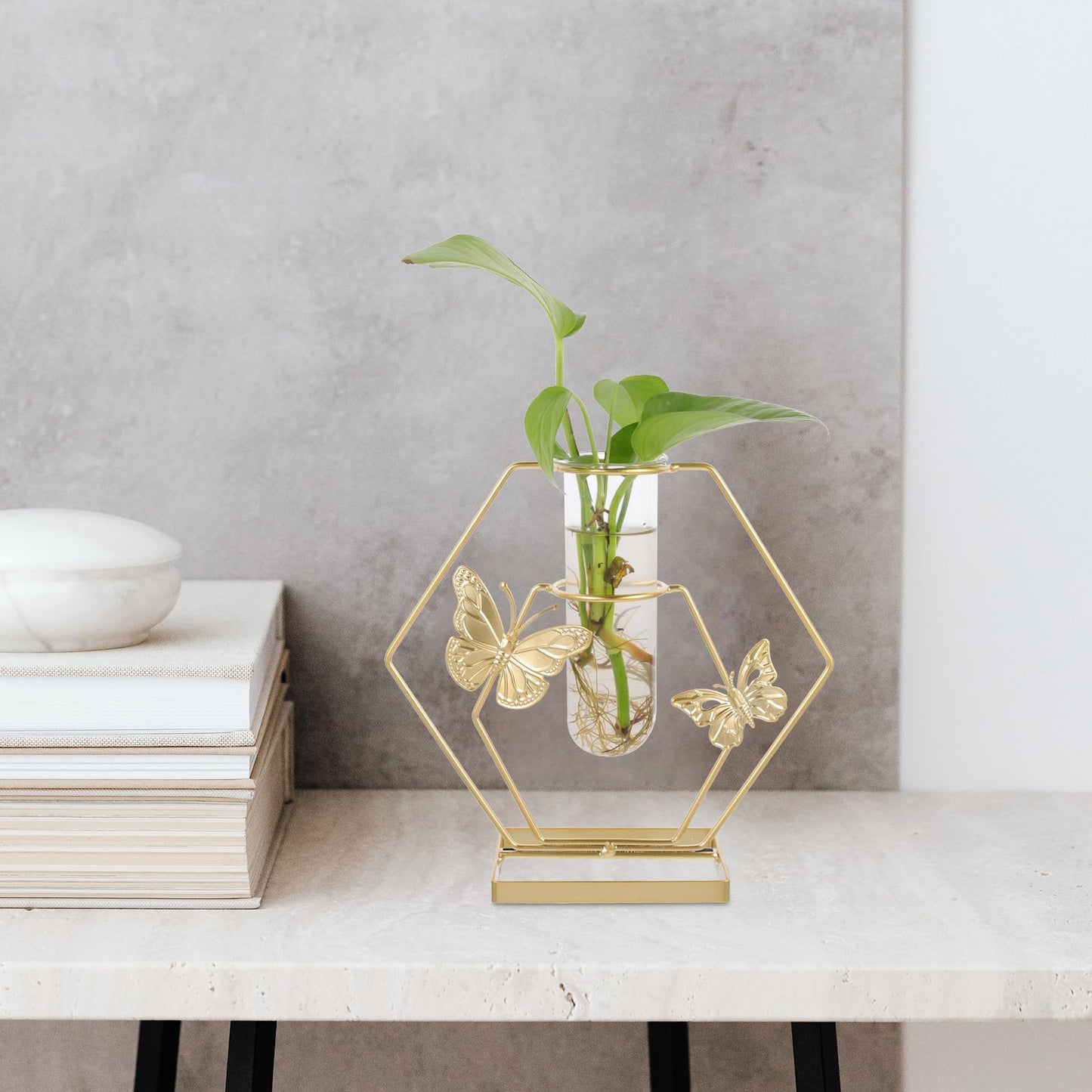 BESPORTBLE Hydroponic Glass Vase with Butterfly Pattern, Hexagonal Decorative Flower Holder, Metal Frame Plant Terrarium for Home and Living Room Table Décor