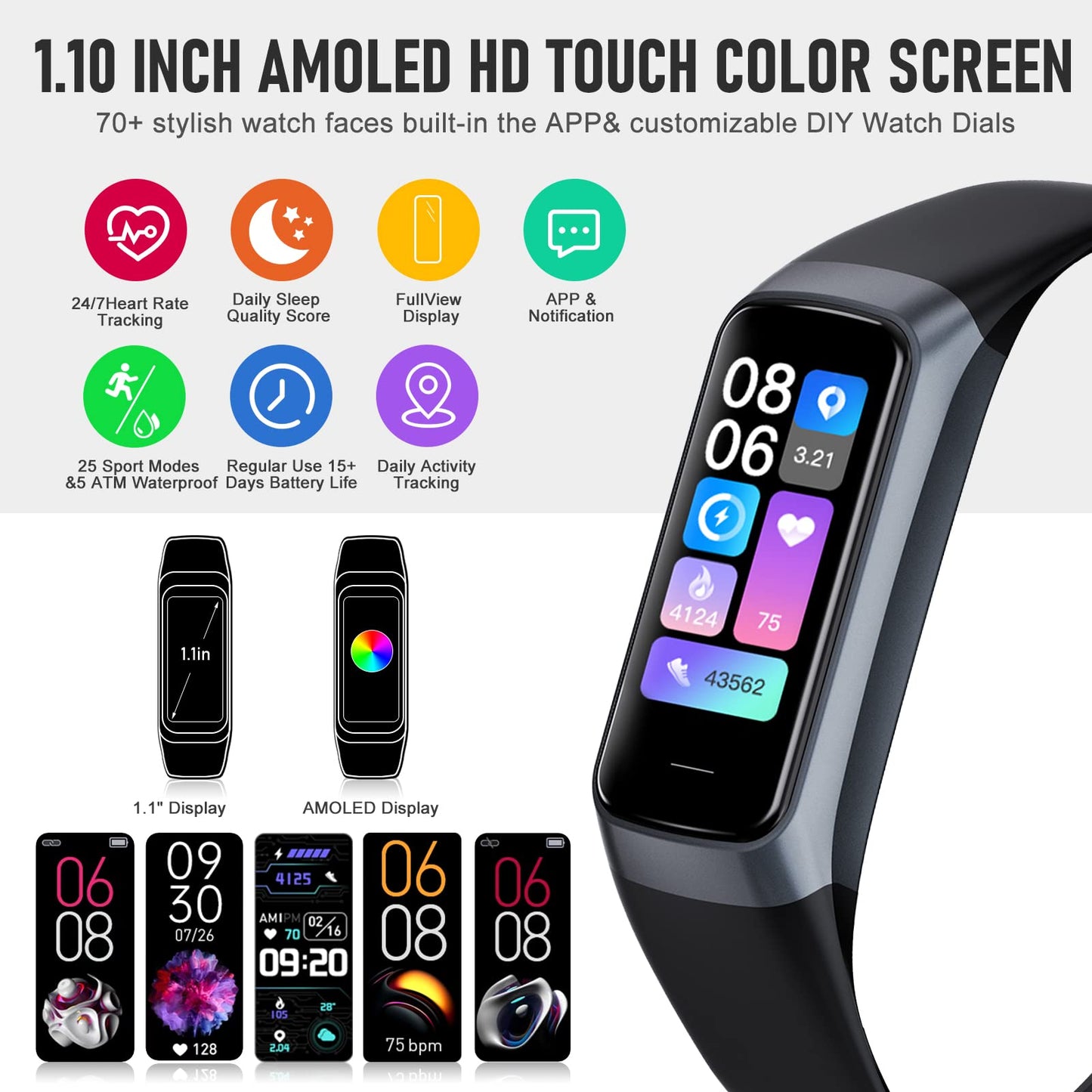 Bakoor Fitness Tracker, Blood Pressure Watch with 24/7 Heart Rate, 1.10" Step Counter Pedometer Calories Sleep Trackers, Activity Fitness Watch for Women Men