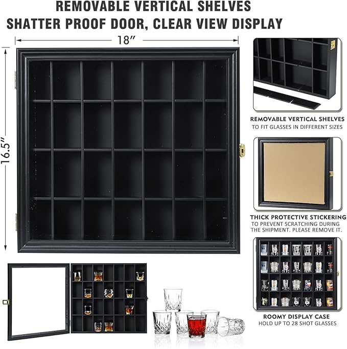 Shot Glass Display Case Wooden Cabinet Rack Holder Wall Mounted Black Shadow