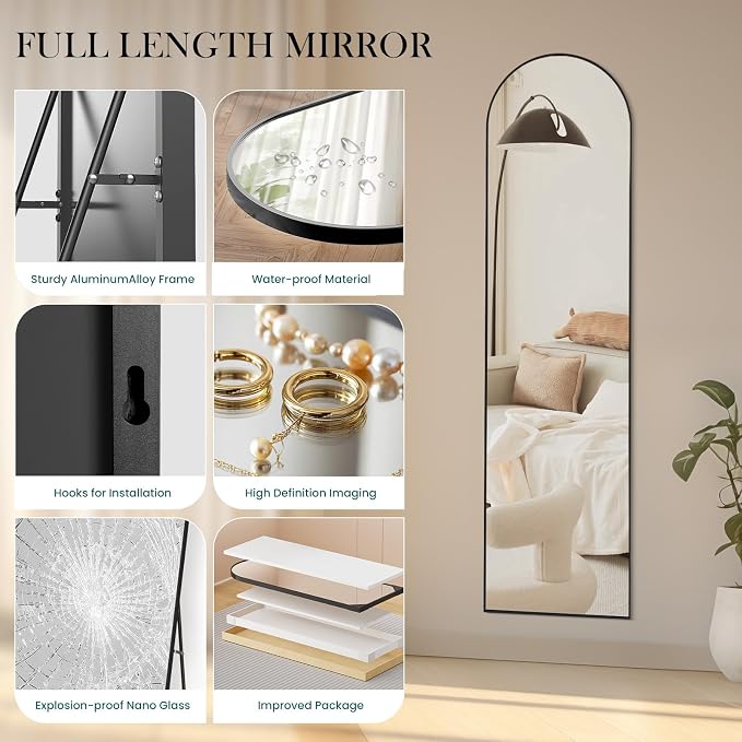 NEWBULIG Arched Mirror Full Length, 16"x59" Body Wall Mirrors with Shatter-Proof Glass, Upgraded Floor Standing Mirror, Hanging or Leaning, with Stand Aluminum Alloy Frame for Home Decor, Black