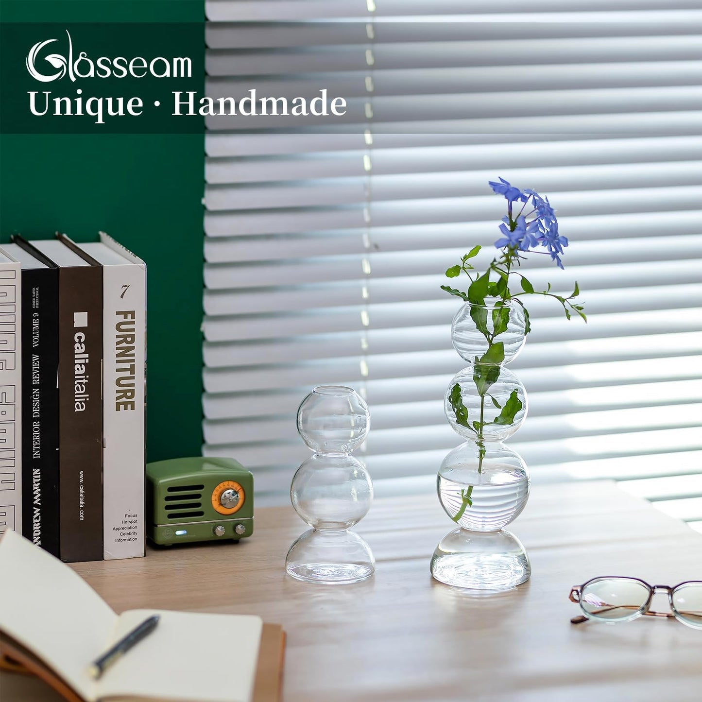 Glasseam Unique Small Flower Vase, Cute Blown Glass Vases for Flowers, Modern Ball Bubble Clear Bud Vases - Decorative Round Single Flower Vase for Home Decor