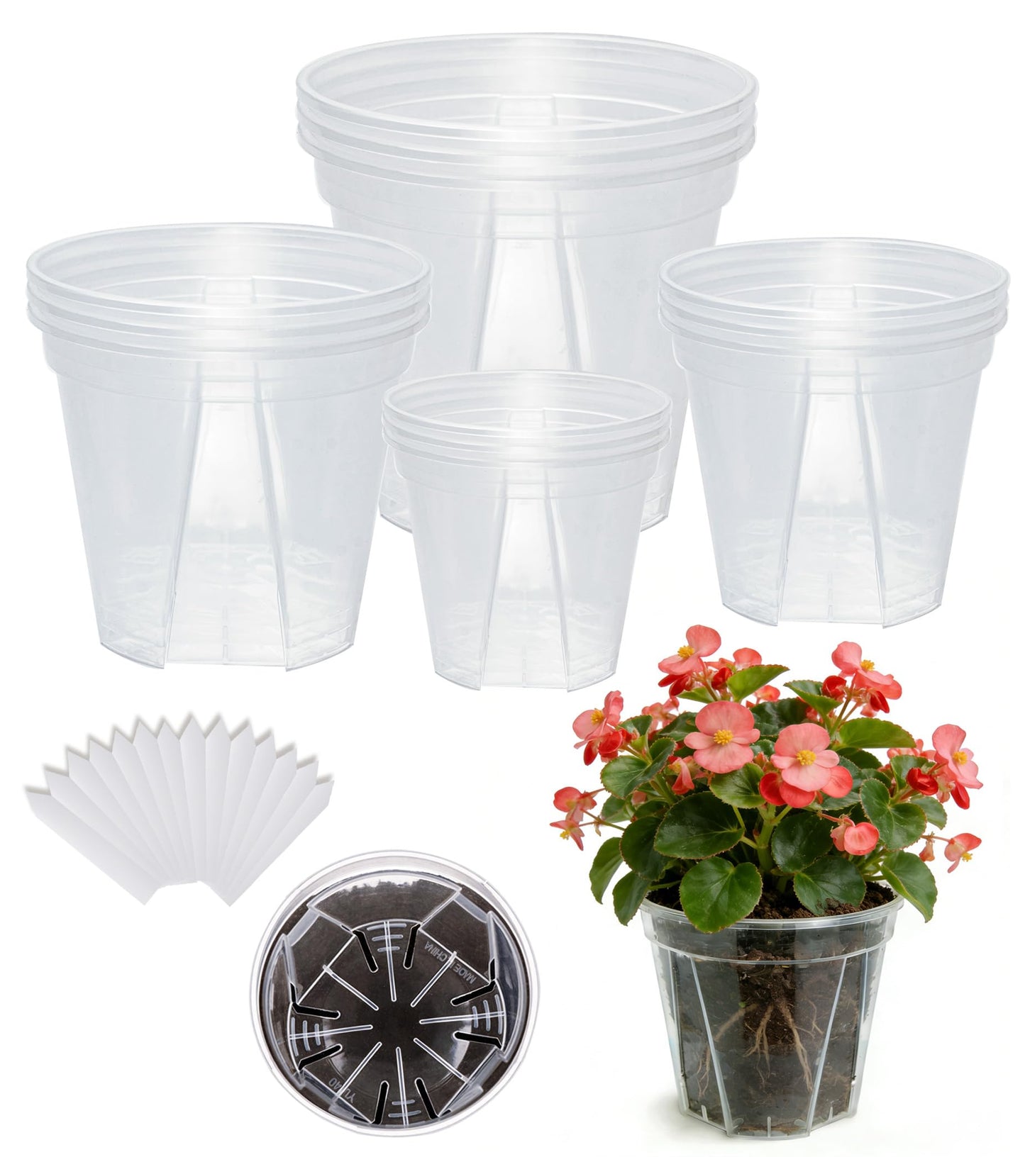RZOIKZOI 12-Pack Thick Clear Nursery Pots(4/5/5.5/6.3 Inch) – Transparent Plastic Plant Pots with Drainage Holes & 12 Labels, Assorted Sizes for Seed Starting, Succulents, Indoor Outdoor Use