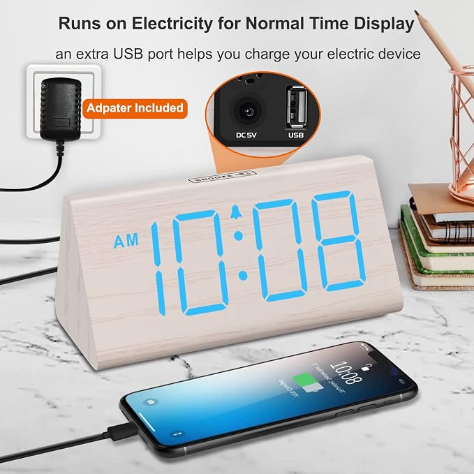 DreamSky Wooden Digital Alarm Clock for Bedrooms with Large Numbers | Electric Desk Clock, USB Port, Loud Alarm for Heavy Sleepers, Adjustable Volume, Dimmer, DST, Wood Décor Gifts, Plug in Clock