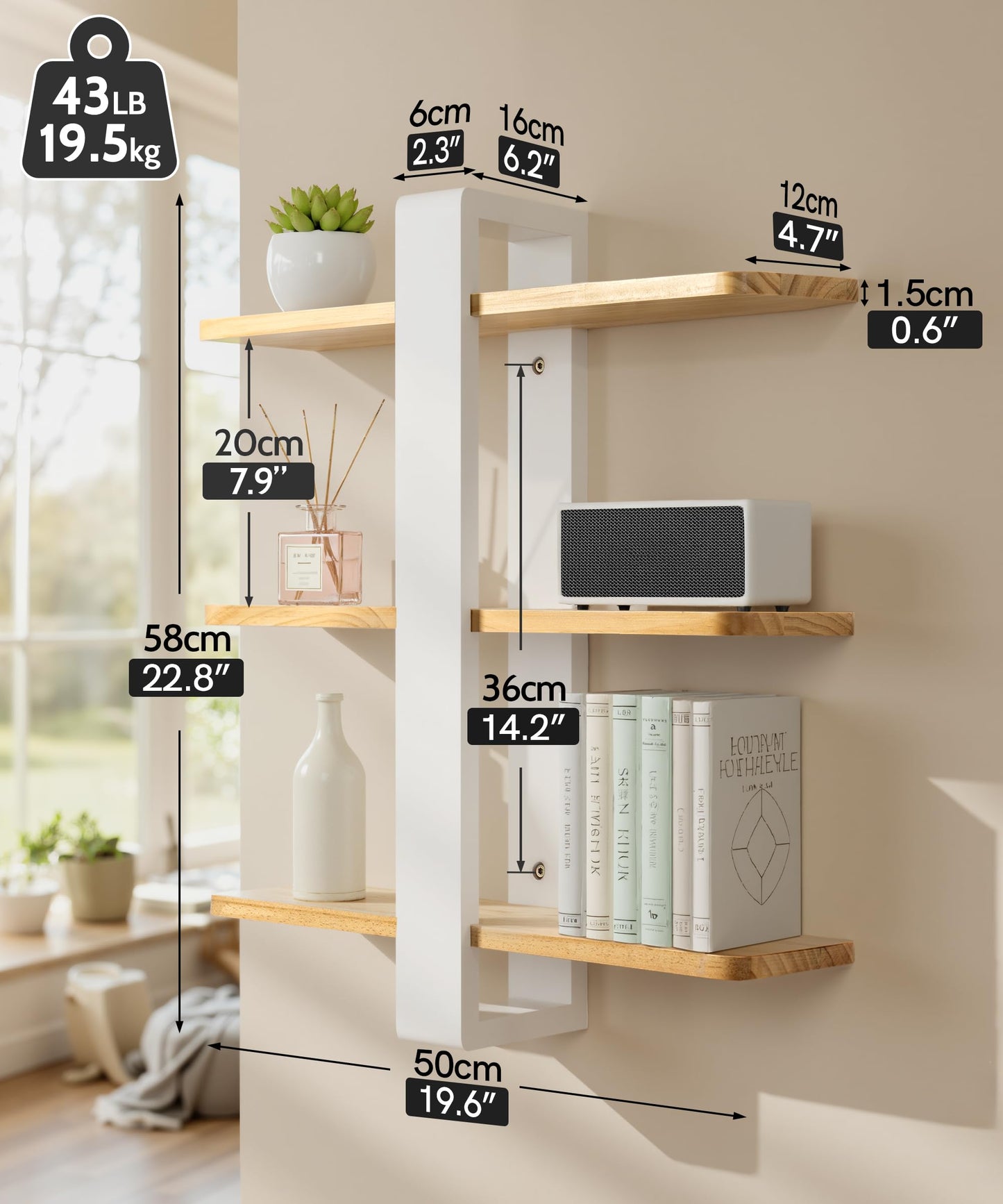SUMGAR Floating Shelves White for Wall Mounted Shelving Unit All Pine Wood 3 Tier Large Shelf for Bedroom Living Room Office Bathroom Home Decoration Storage Plant Photo Display Modern 20in