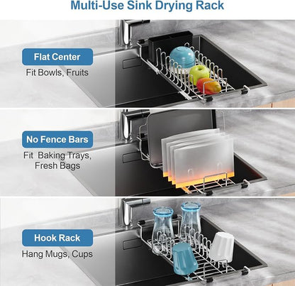 GSlife Large Capacity Expandable Dish Drying Rack with Absorbent Mat, 2-Piece Stainless Steel Dish Drainer Set for Counter with Removable Over Sink Rack, Family Size 15" W x 16.5"-21.5" L, Silver