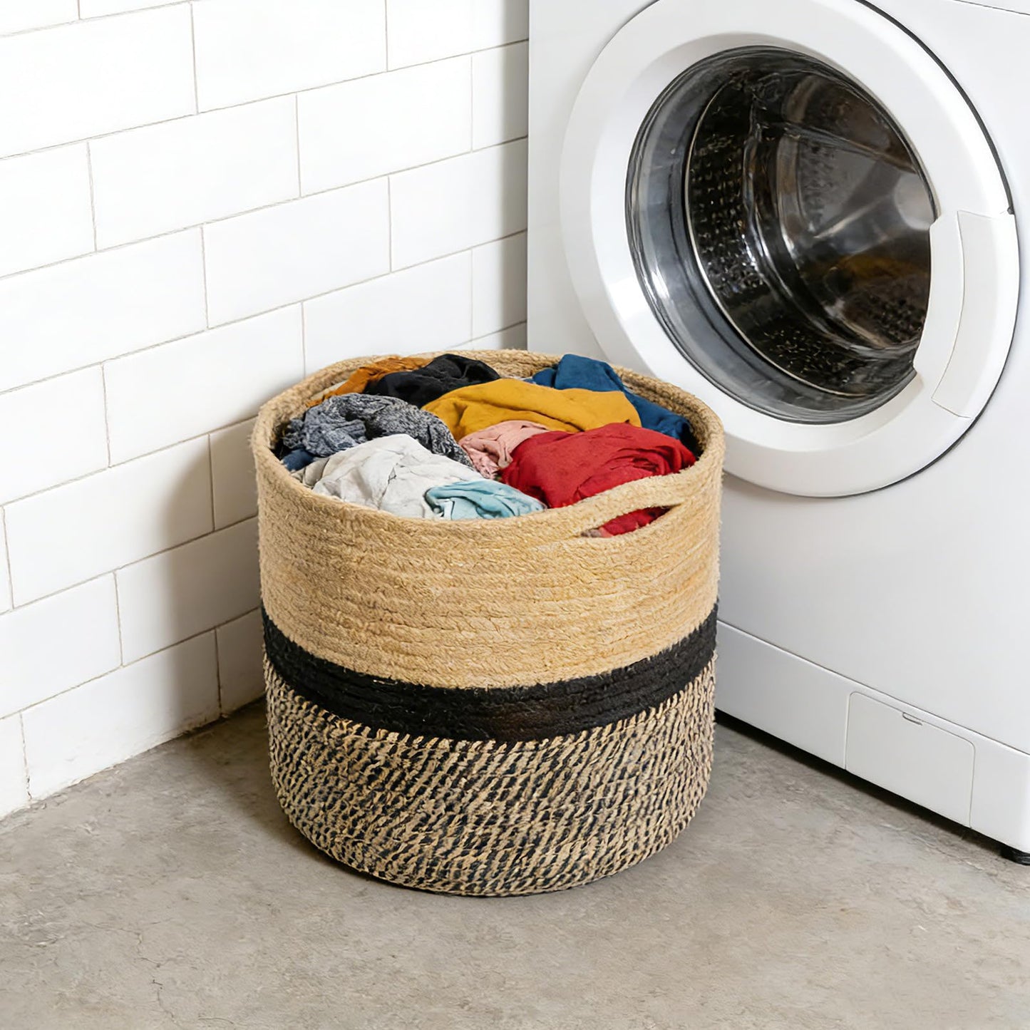 JBESUHI Sturdy Jute Rope Plant Basket - Modern Woven Basket for 10" Flower Pot & Floor Indoor Planters, 11”x11” Storage Organizer, Rustic Home Decor with Black and Beige Stripes