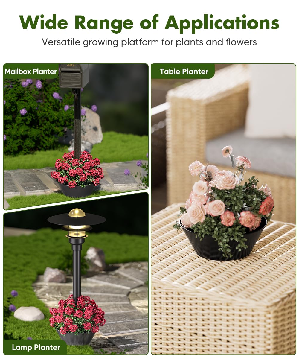 Koutemie 2-in-1 Umbrella Planter for Patio Table & Pole, Half Round Flower Planters Pots with Umbrella Hole Fits Poles Up to 2” Diameter, PVC Post Planter Wrap Around Umbrella for Garden, Black