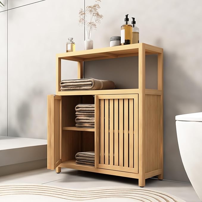 Bamboo Storage Cabinet Bathroom Floor Cabinet Side Storage Organizer Cabinet