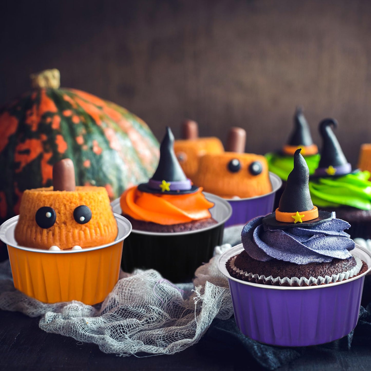 JarThenaAMCS 60Pcs Halloween Baking Cups with Lids Aluminum Foil Cupcake Holders Black Purple Orange Muffin Liners Wrappers Mini Cake Pans Ramekins Cups Dessert Containers for Party Supplies