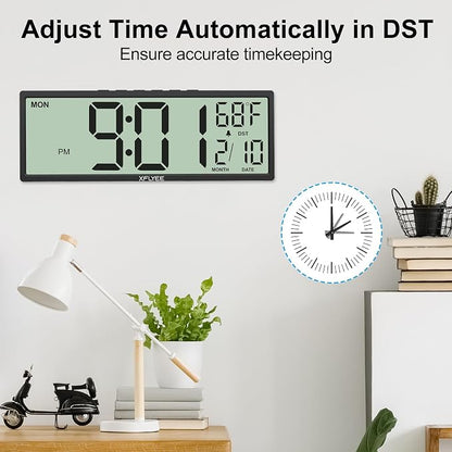 14.5'' Large Digital Wall Clock Battery Operated with Jumbo Numbers, Auto DST, Day, Date, Alarm, Temperature for Living Room, Bedroom, Desk Decor, Gift, LCD Screen Display Easy to Read and Set