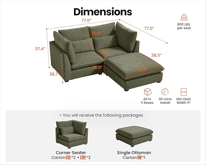 77" Oversized Chenille Couch Modular Sectional Sofa, Washable Cloud Couch