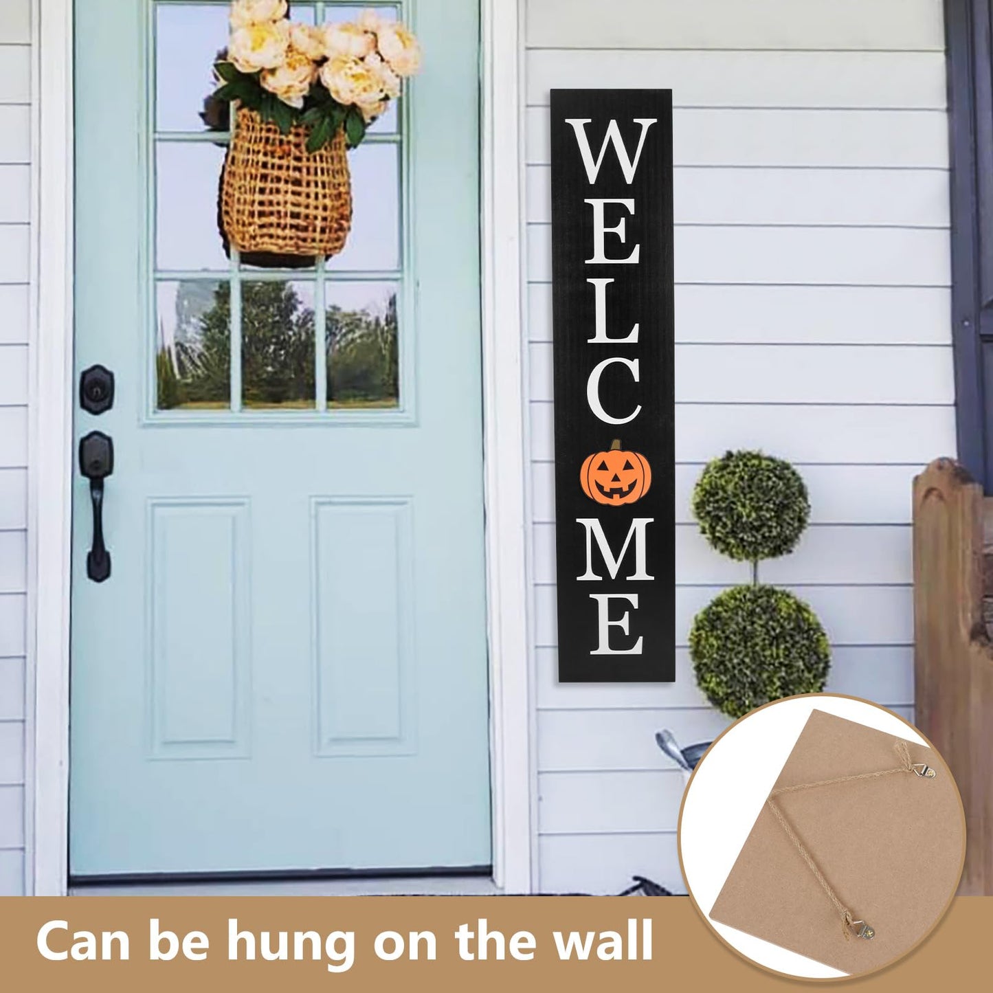 Interchangeable Welcome Sign for Front Porch- 45"X9" Large Standing/Hanging Wooden Sign with 12 PCS Replaceable Icons for 4th of July Fall Halloween Porch Wall Yard Decorations (Black)