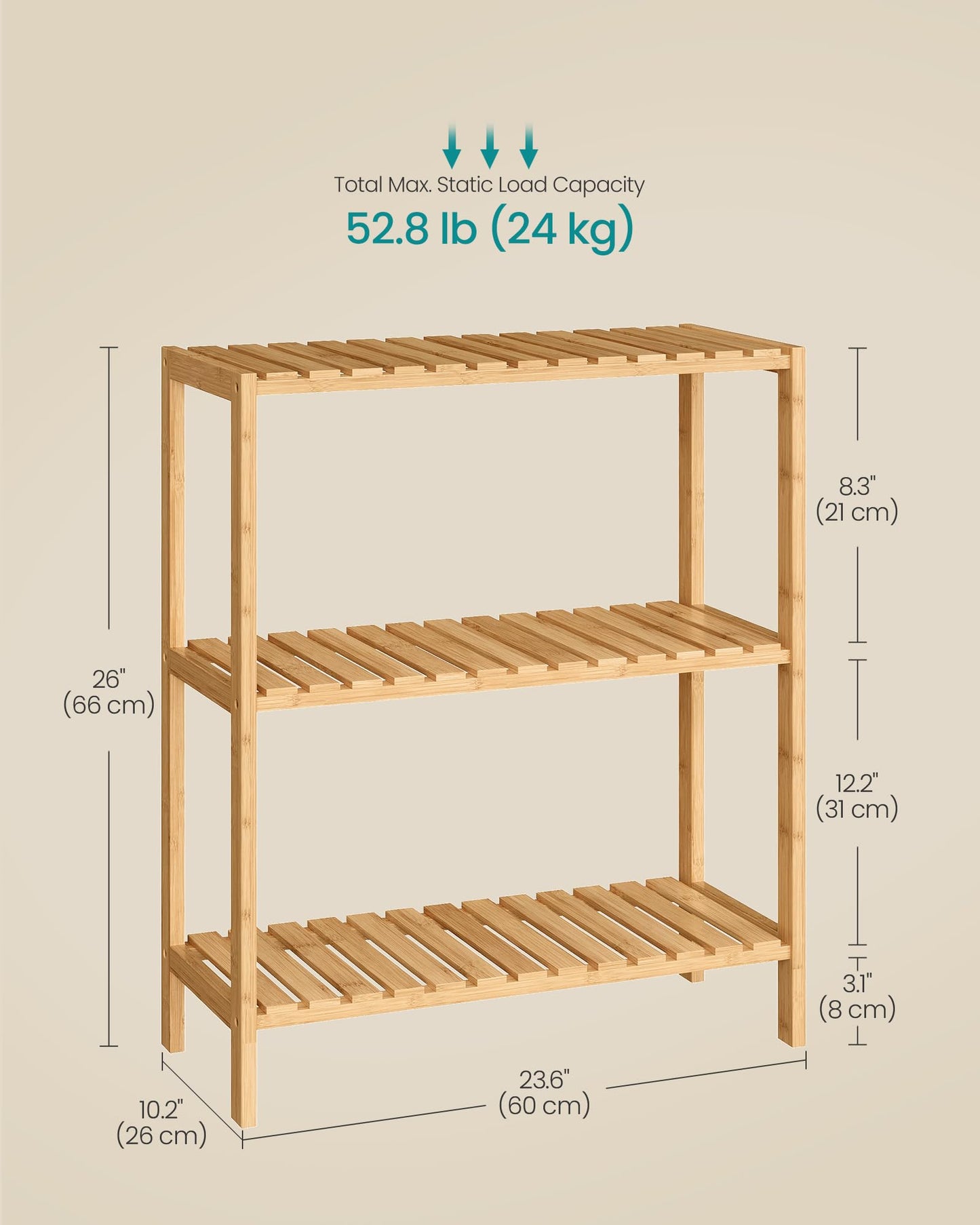 SONGMICS Bamboo Storage Shelf, 3-Tier Shelving Unit, Multifunctional, in The Entryway, Bathroom, Living Room, Balcony, Kitchen, 10.2 x 23.6 x 26 Inches, Light Bamboo UBCB33Y
