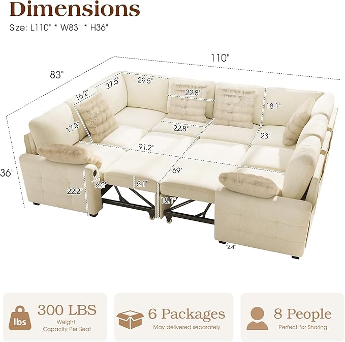 Ihanherry Large U-Shaped Sectional Sofa Bed, 8-Seater Convertible Sleeper