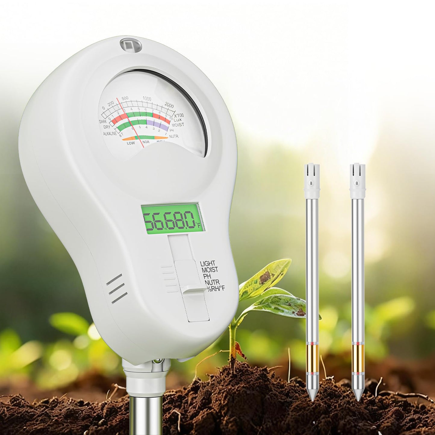 SPECILITE 6-in-1 Soil Tester, Digital Soil Moisture Meter/PH Meter/Sunlight/Temperature/Fertility Monitor with 2 Removable Probe, Dual Screen Soil Test Kit for Gardening, Lawn, Indoor & Outdoor Plant