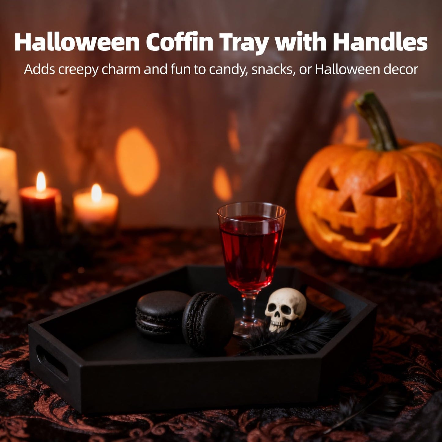 Halloween Coffin Tray, Gothic Coffin Shape Serving Board with Built-in Handles, Black Halloween Spooky Decor, Creepy Wooden Serving Tray for Candy, Snacks, Charcuterie, Jewelry, Makeup