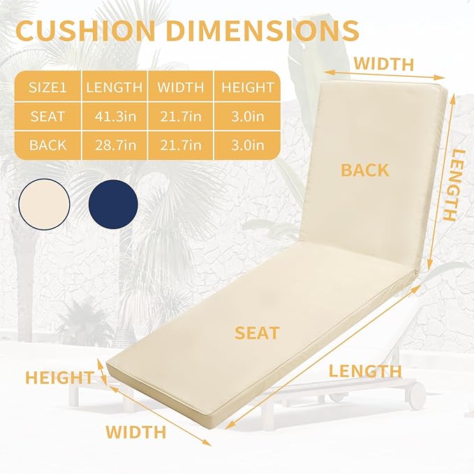 Outdoor Chaise Lounge Cushions for Patio, Waterproof Replacement Seat Cushions