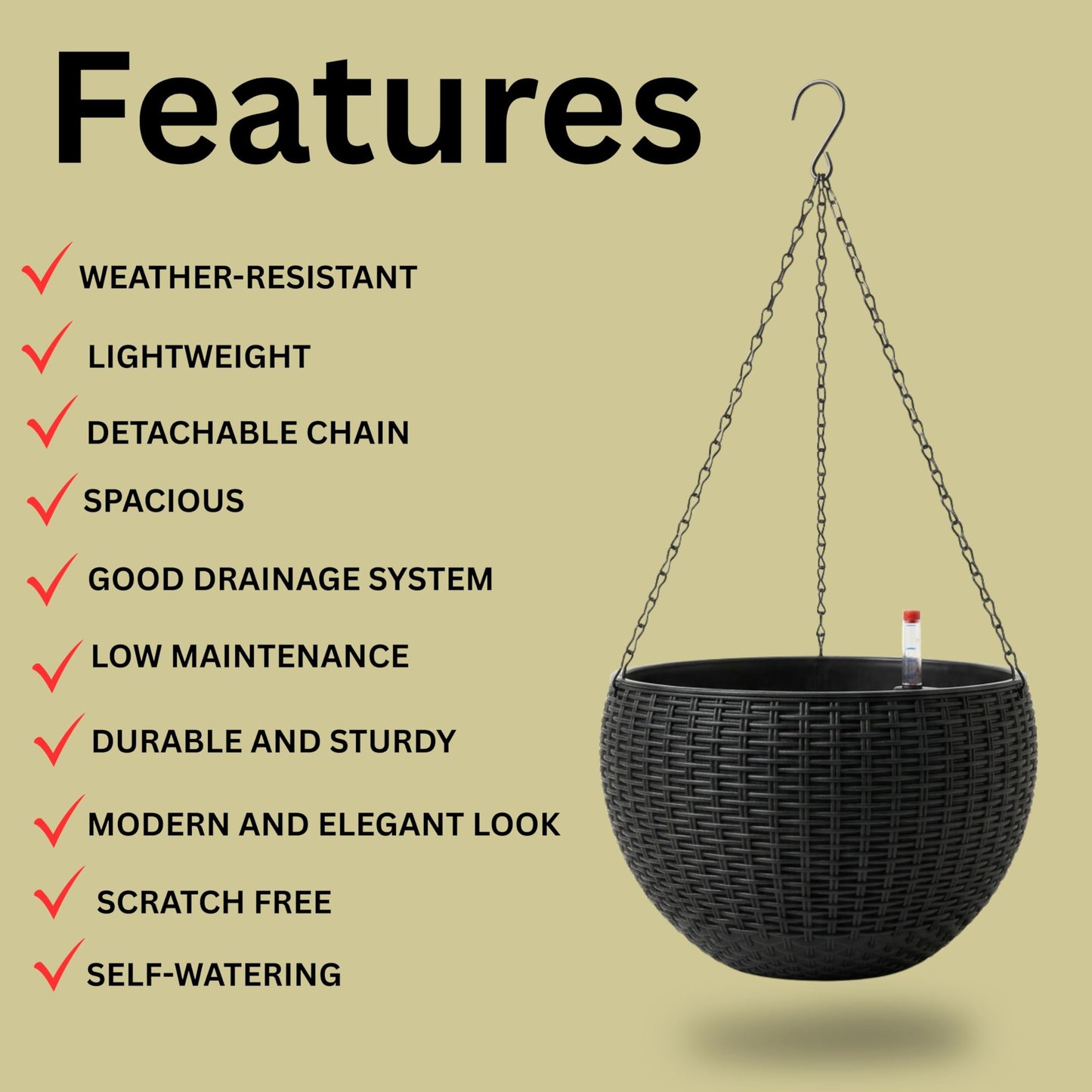 LaLaGreen Indoor Hanging Planter (11 Inch, 1 Pack) Self-Watering Round Basket with Water Level Indicator, Rattan Style Flower Pot Black Metal Chain for Deck Porch Patio Garden Balcony Outdoor Decor